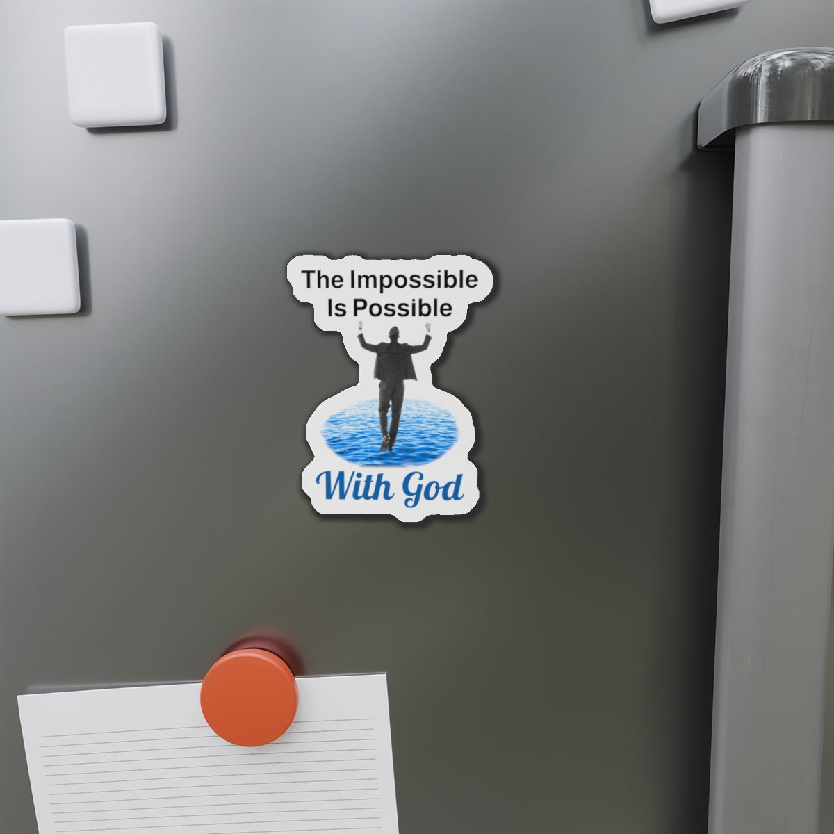 Vinyl die-cut magnet with "Impossible Man" design, message “The Impossible Is Possible with God,” durable matte finish, spiritual magnet for men walking in faith for impossible things, 4-inch magnet on fridge