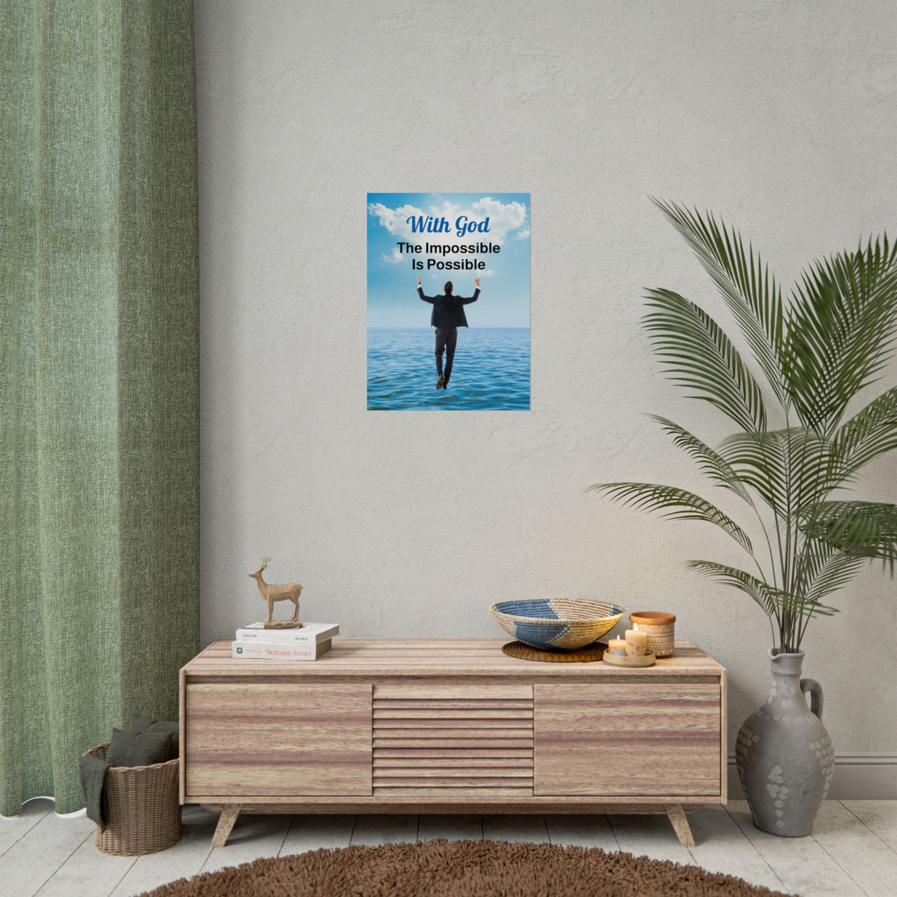 Faith-inspired poster with “Impossible Man” design - man walking on water with the message, "With God, The Impossible Is Possible," semi-gloss finish, vibrant Giclée print, available in 3 sizes, inspirational wall art for home or office, concept 18x24 poster on wall