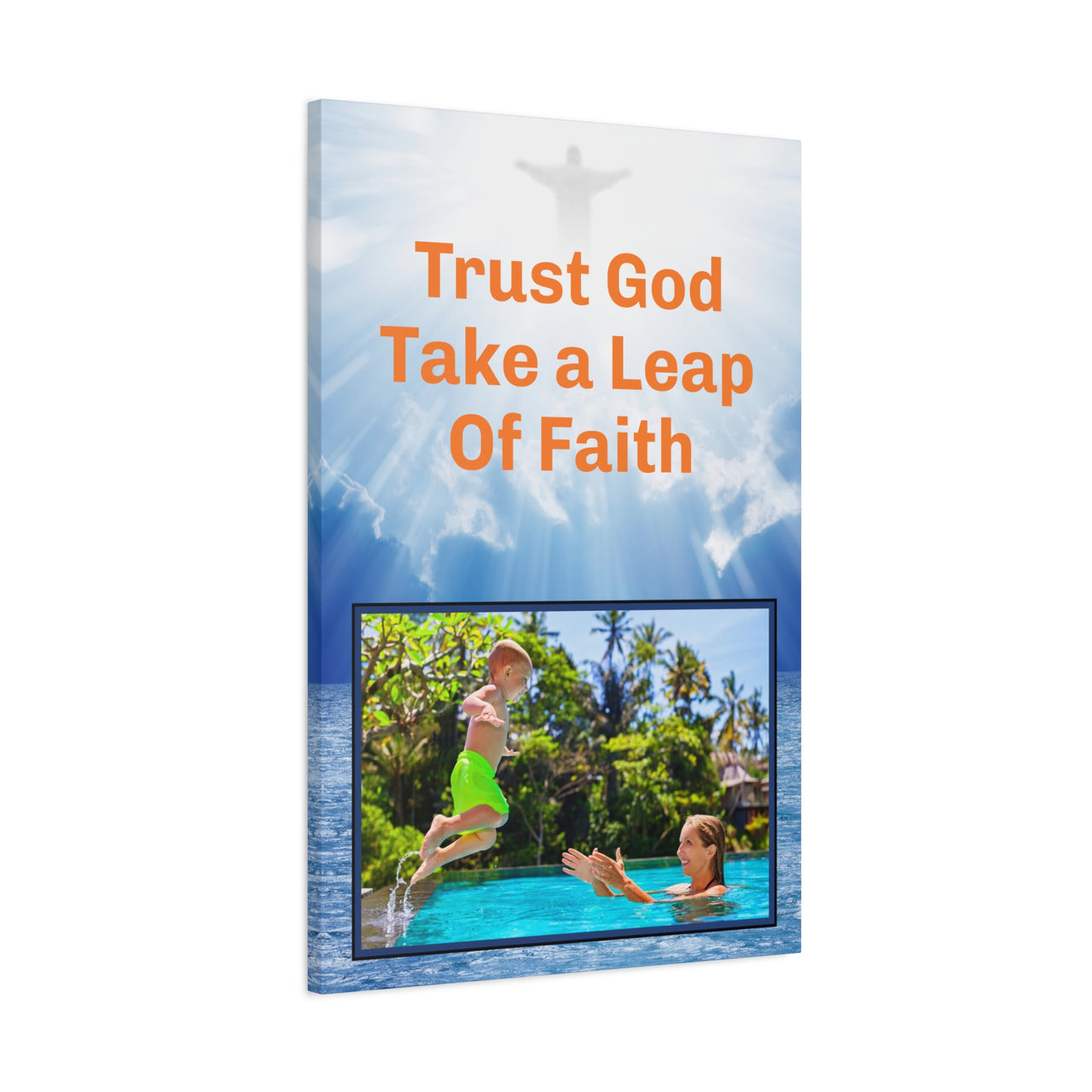 Canvas wall art with “Leap of Faith” design child jumping into pool with the message "Trust God, Take a Leap of Faith," pinewood frame, inspirational décor, ready to hang, 24x36 wall art